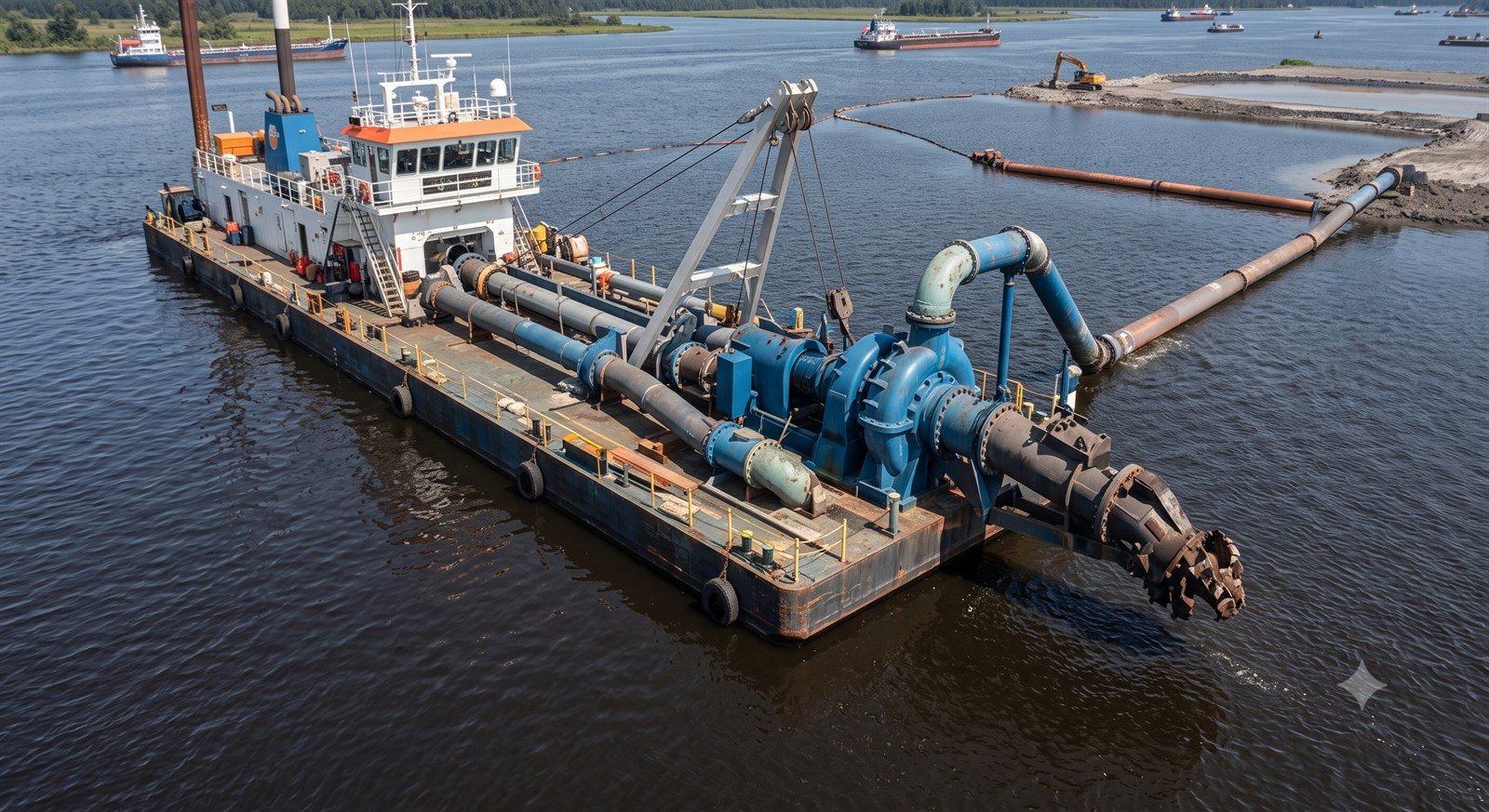 Cutter suction dredger working a river channel
