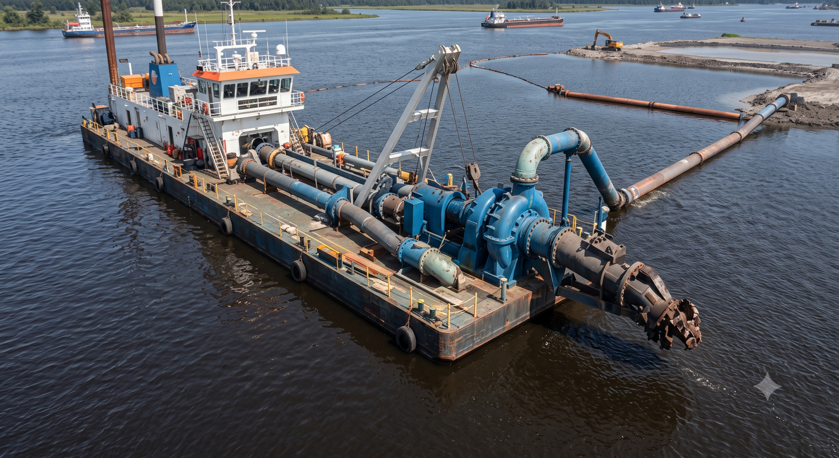 Cutter suction dredger working a river channel