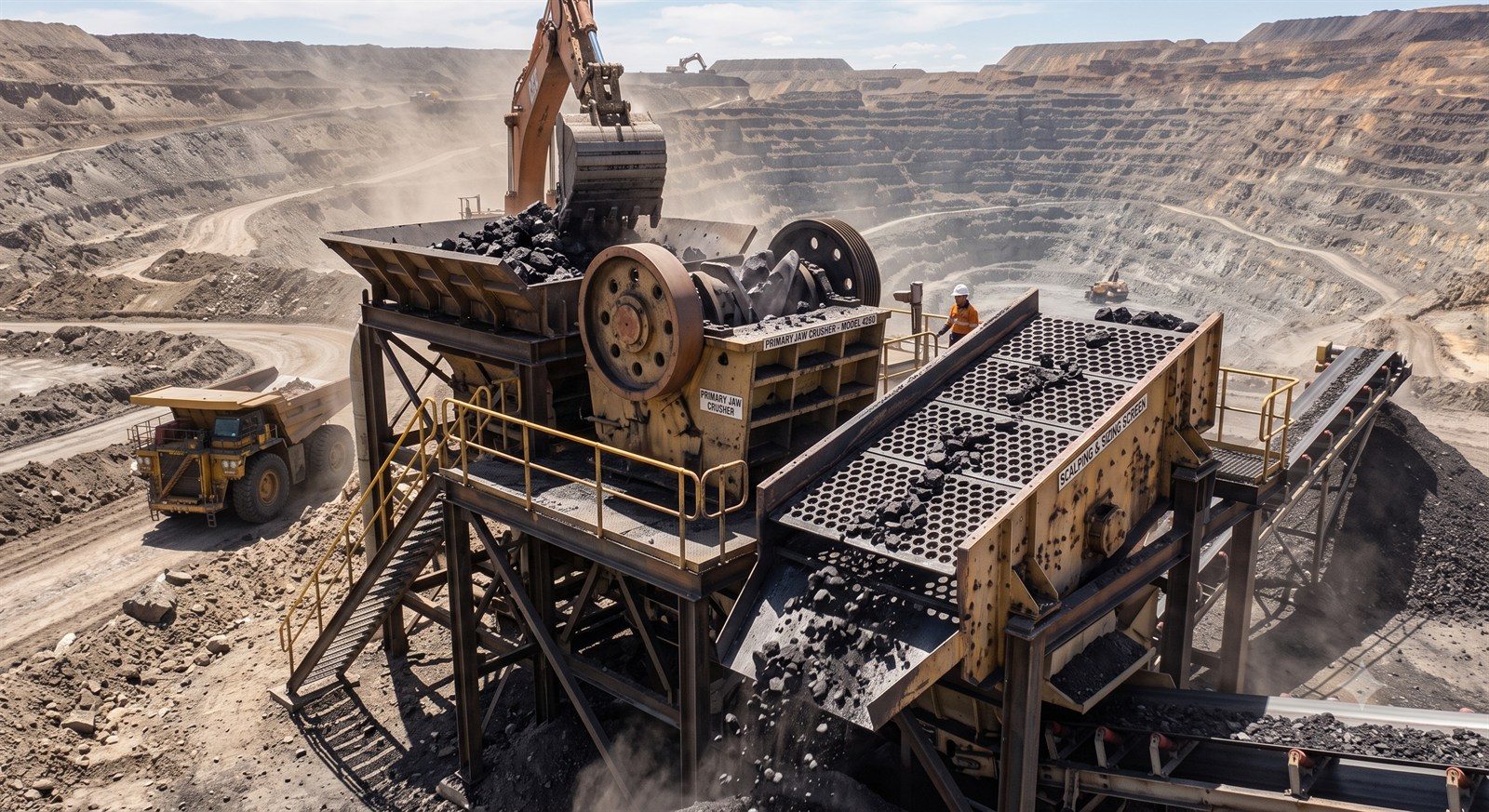Primary jaw crusher and sizing screen at an open-pit mine