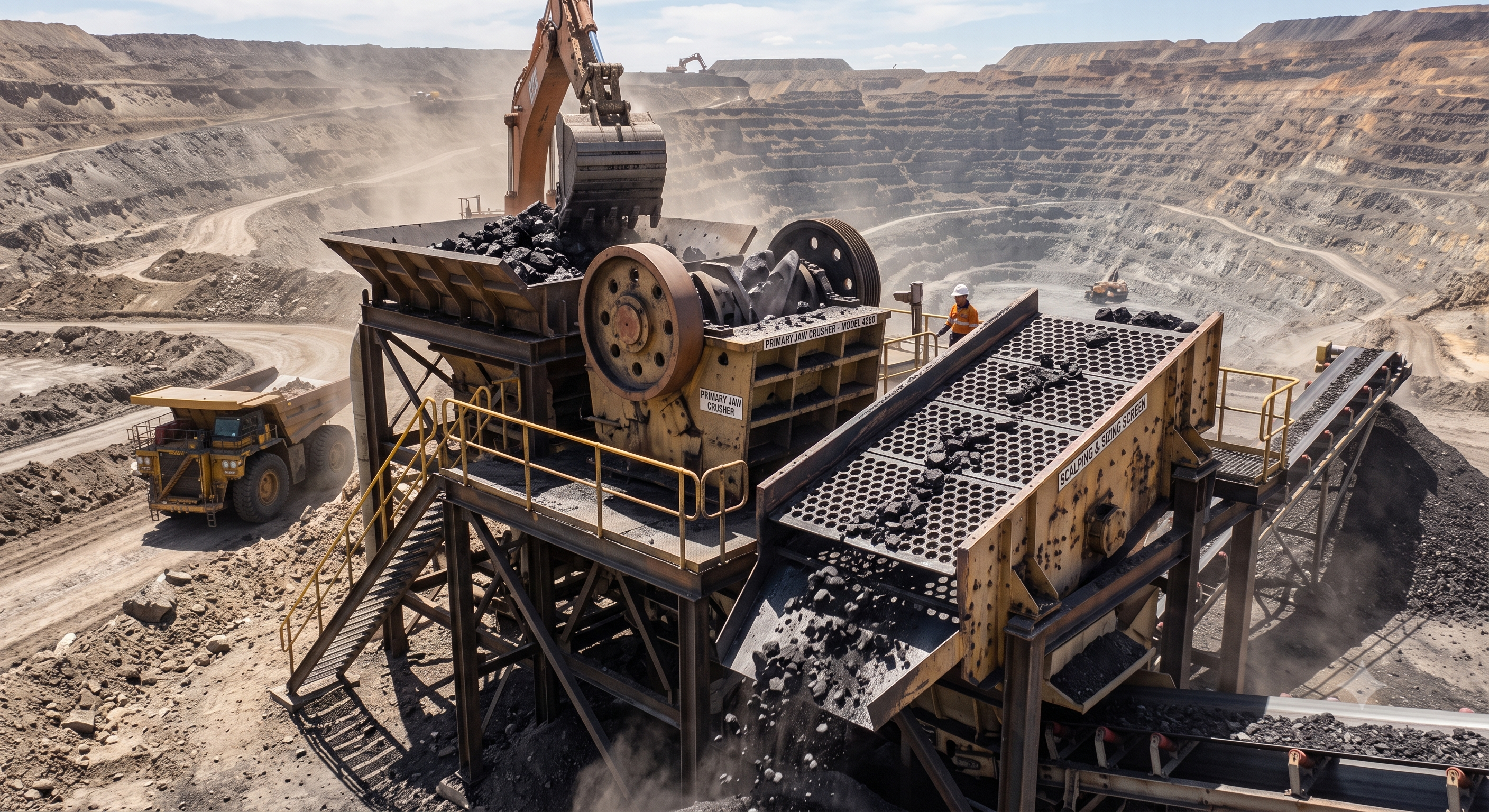 Primary jaw crusher and sizing screen at an open-pit mine