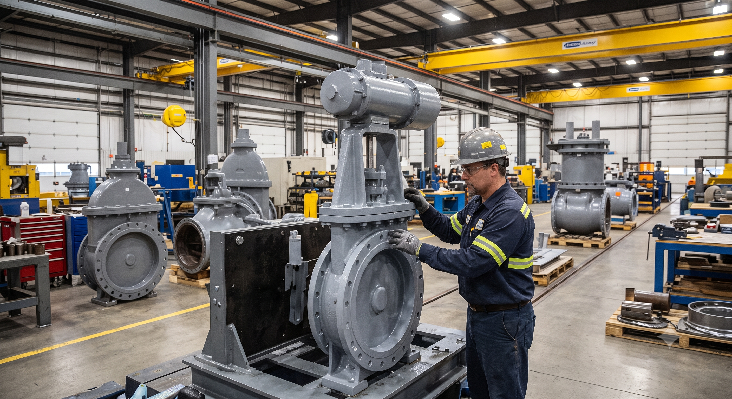 Gate valve bodies being assembled in a valve manufacturing shop